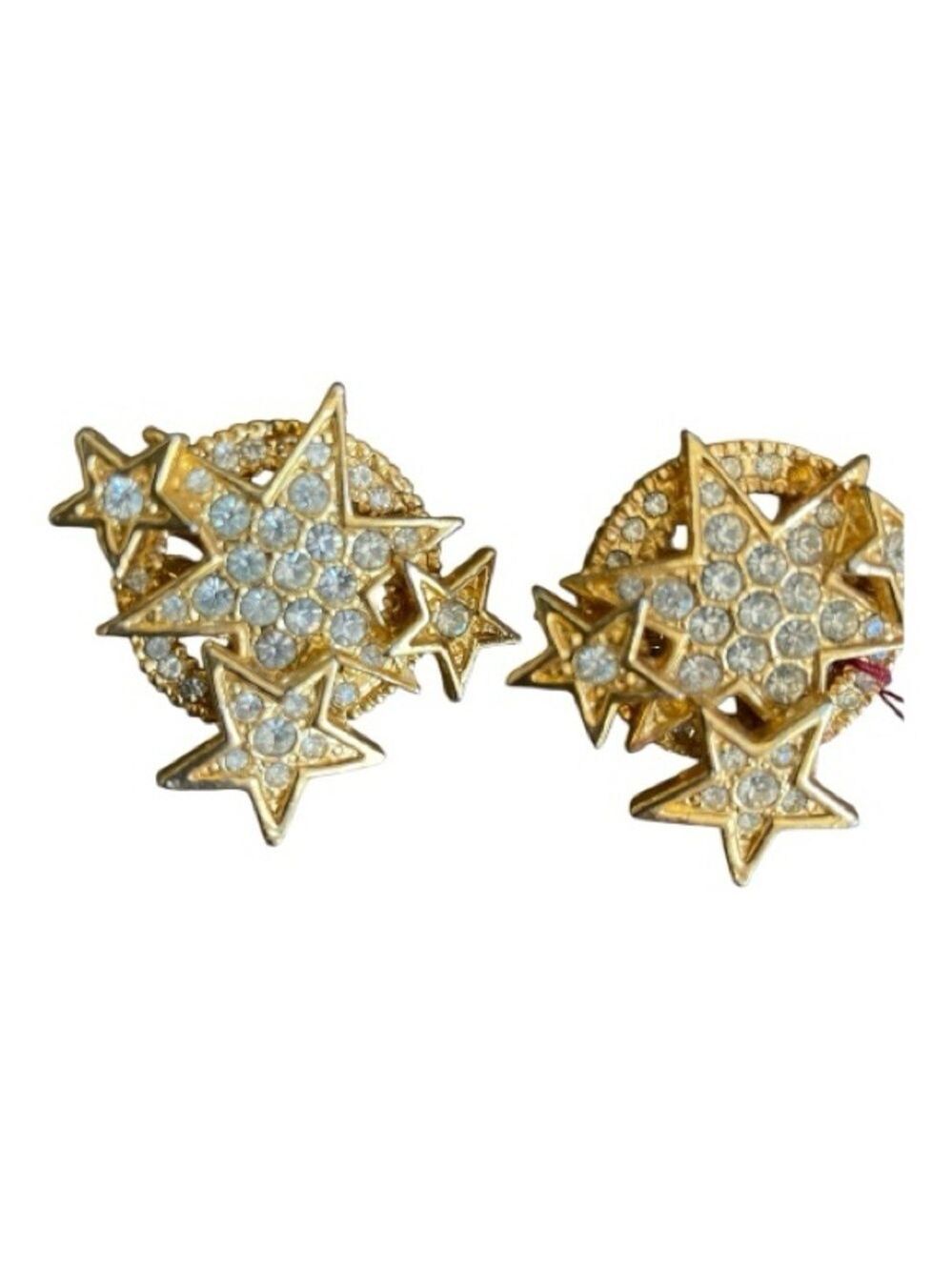Vintage Gold Starburst Earrings, Statement Clip-On with Rhinestones Sparkling